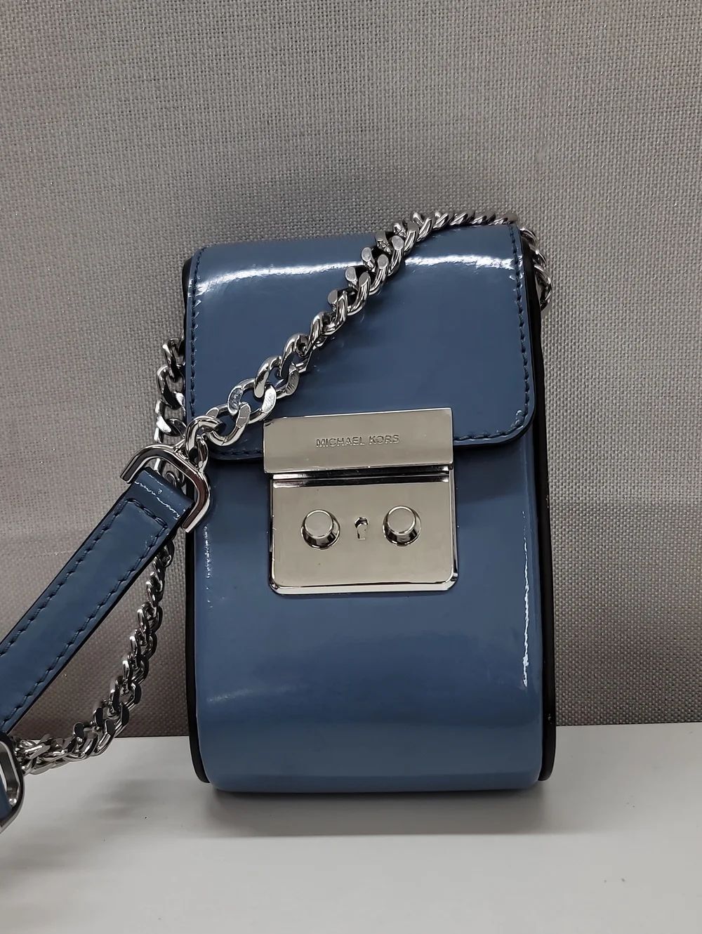 Michael Kors Light Blue Patent Crossbody Mini with Silver Chain